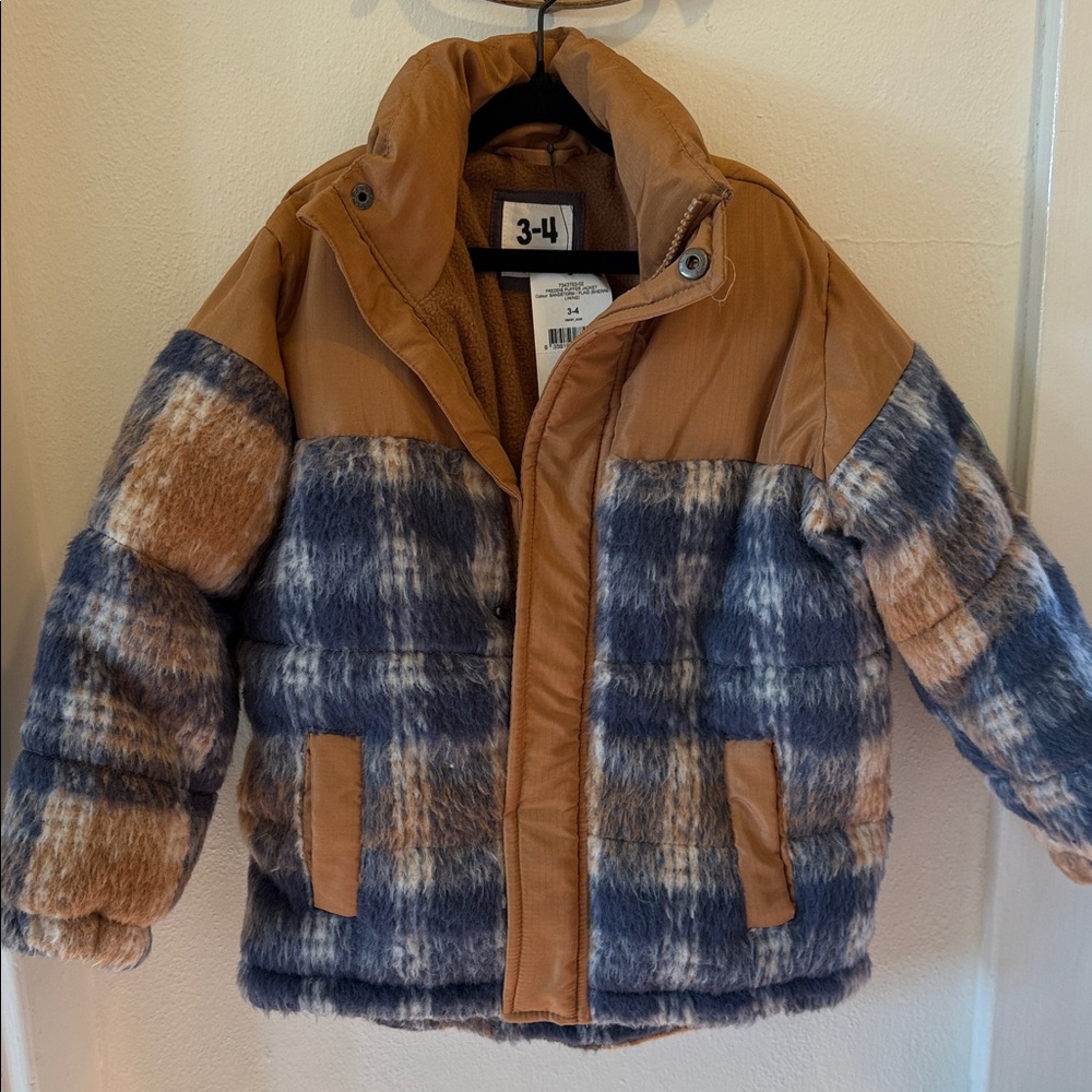 NWT Cotton On 3-4T Plaid Kids Puffer Jacket with Blue and Brown Accents